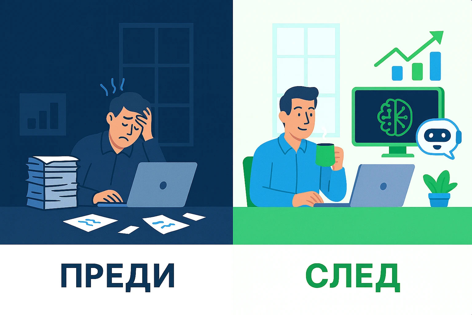Сравнение преди и след AI автоматизация: Ръчна обработка на документи срещу автоматизиран бизнес процес с AI чатбот и табло за данни.