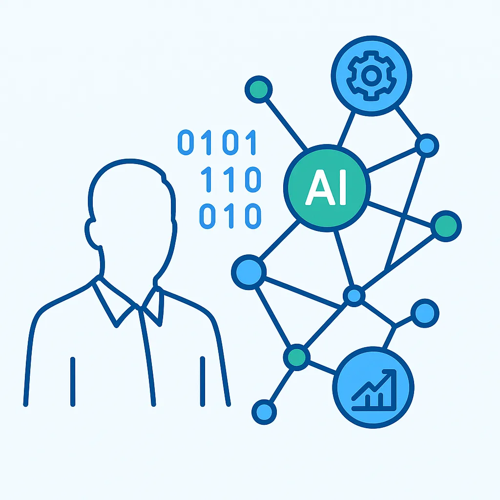 Илюстрация на Хибриден Интелект: Човек и AI работят заедно за оптимизация на бизнес процеси