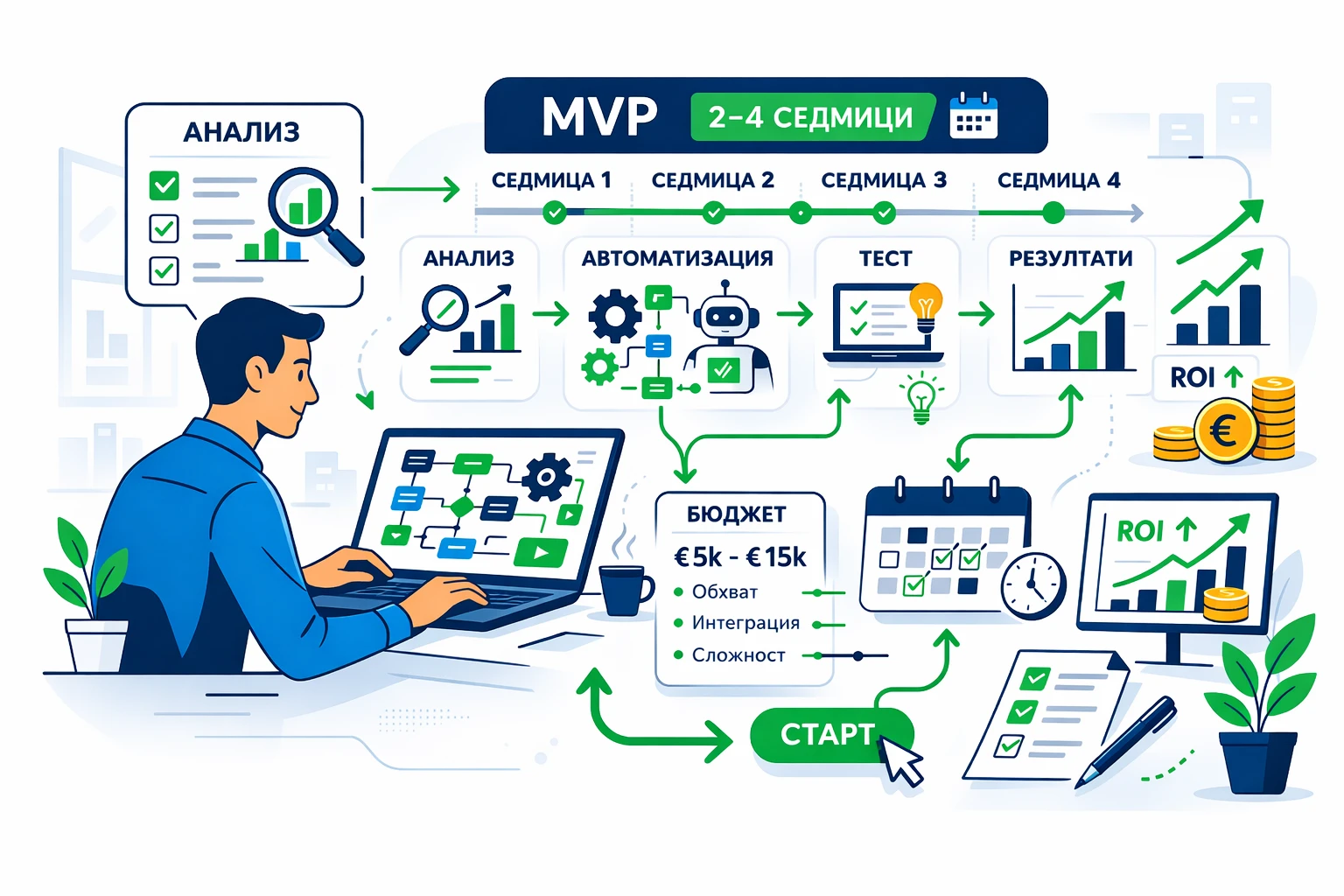 Илюстрация на пилотен AI проект за автоматизация в малък бизнес – план, roadmap, workflow блокове и анализ на резултатите.