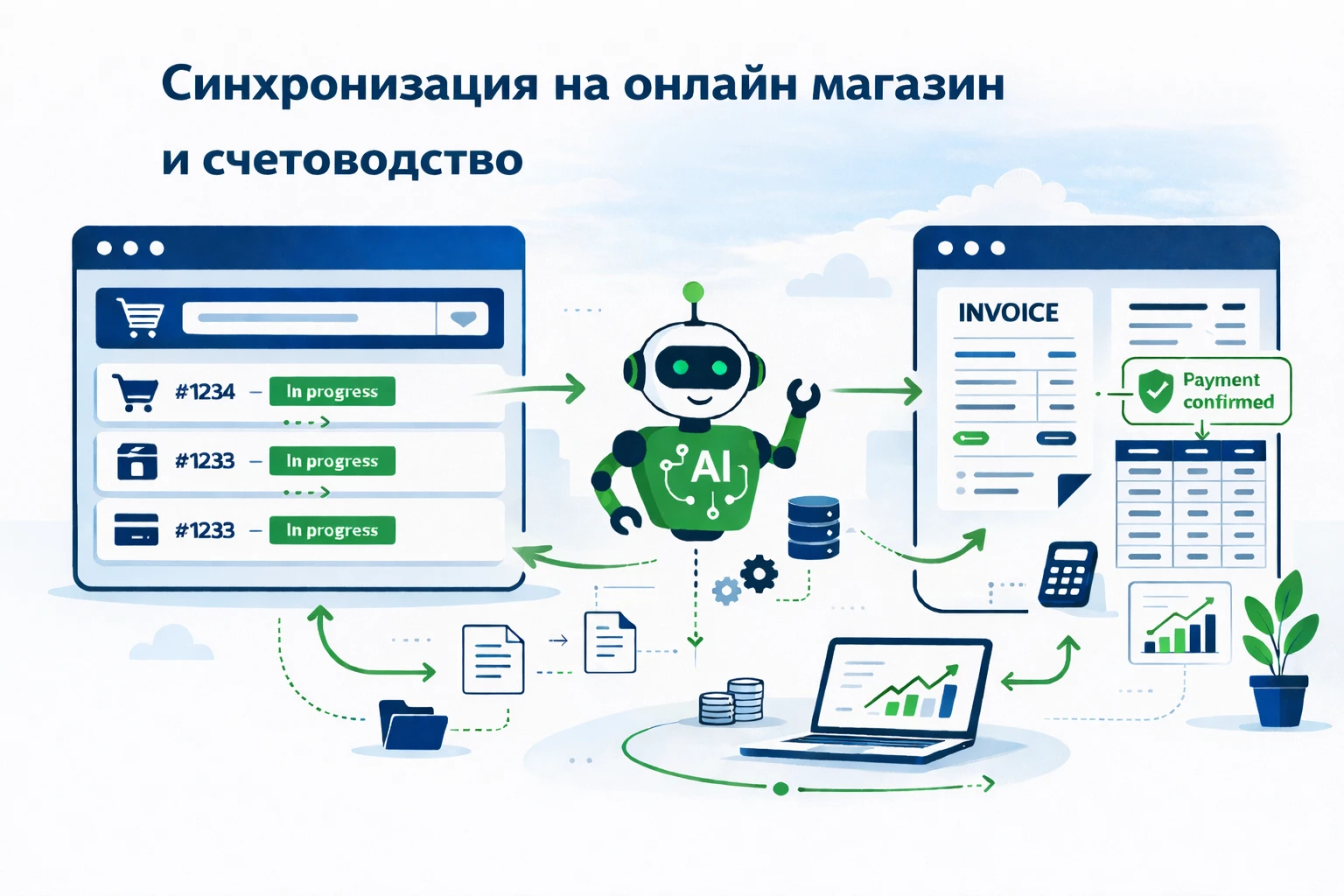 AI автоматизация между онлайн магазин и счетоводен софтуер – автоматична синхронизация на поръчки, статус „In progress“ и потвърдени плащания