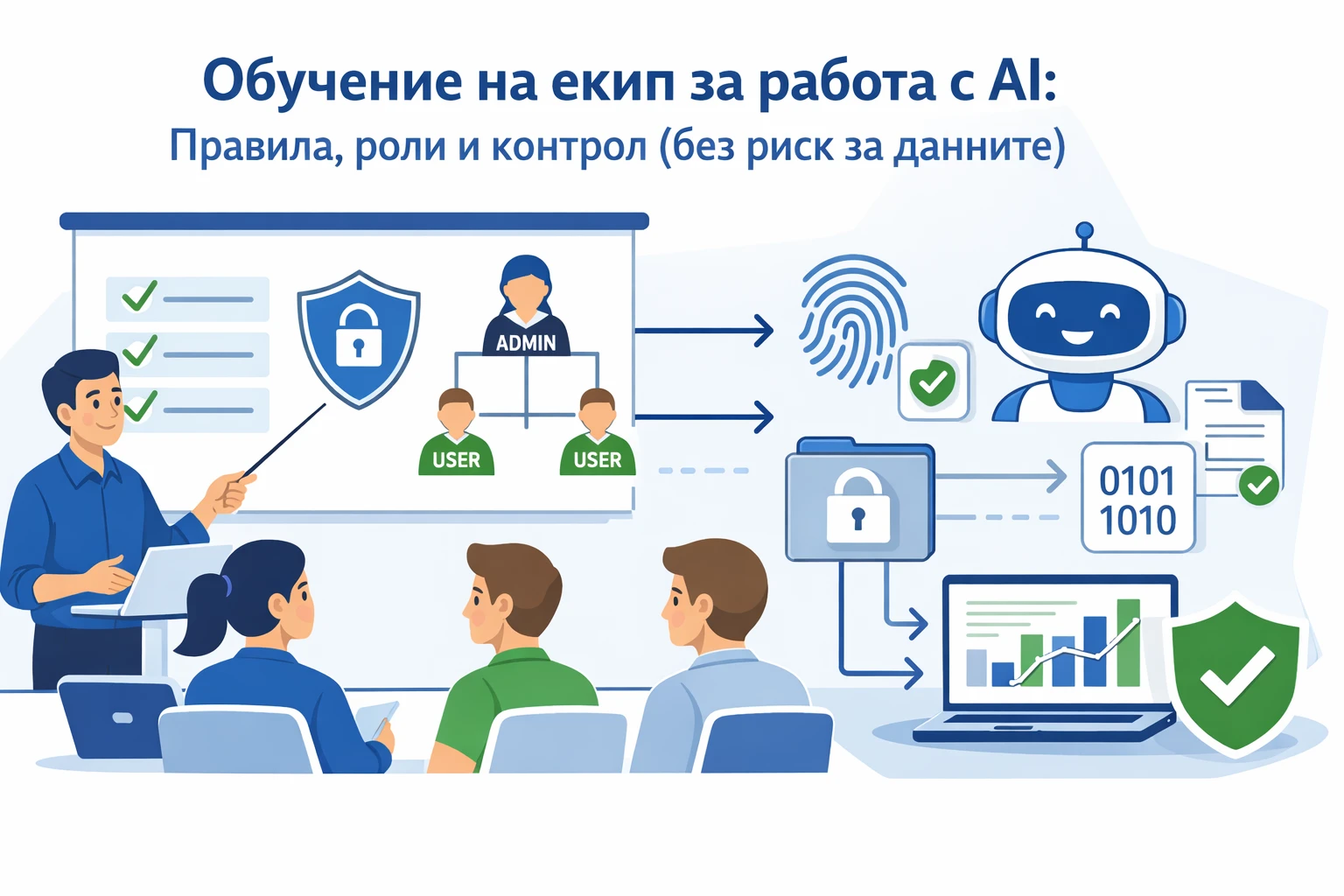 Обучение на екип за работа с AI: Правила, роли и контрол (без риск за данните)